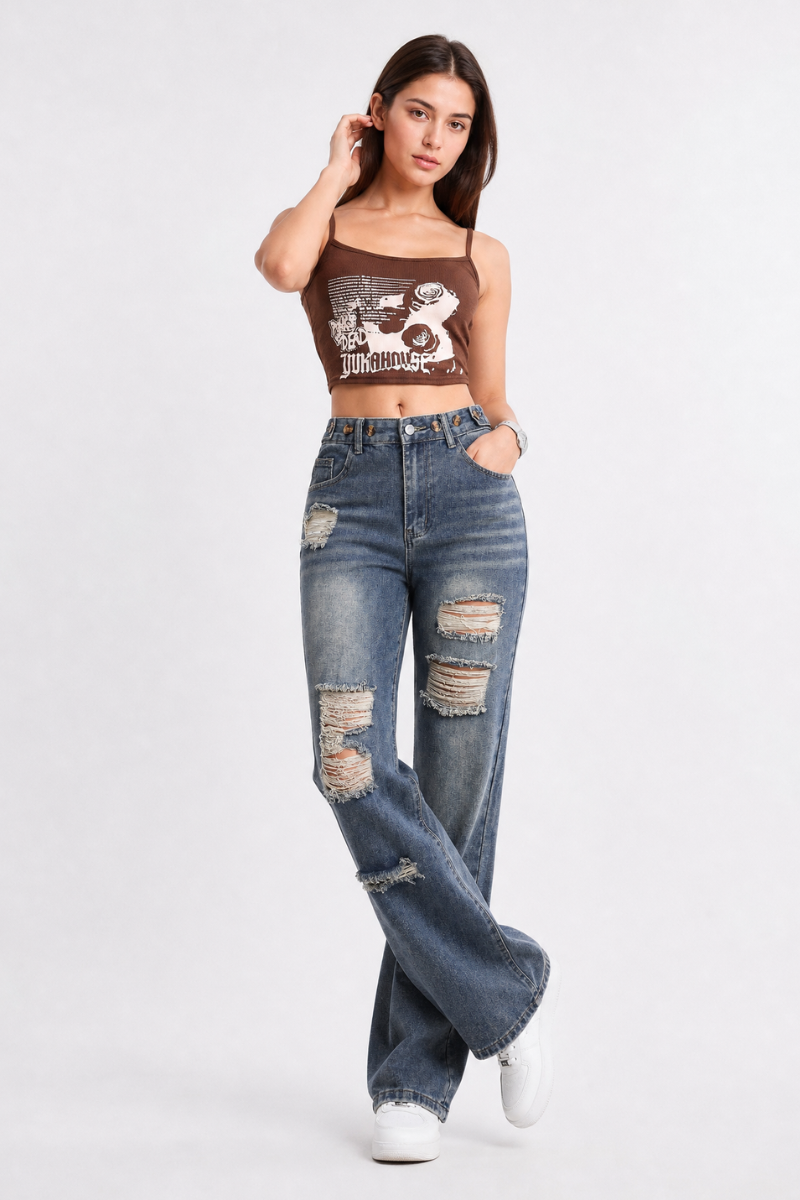 Women's High Waist Distressed Straight Leg Jeans