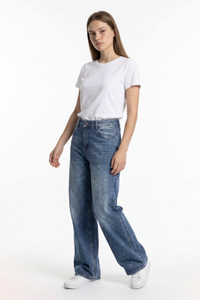 Women's 100% Cotton Distressed High Waist Wide Leg Jeans