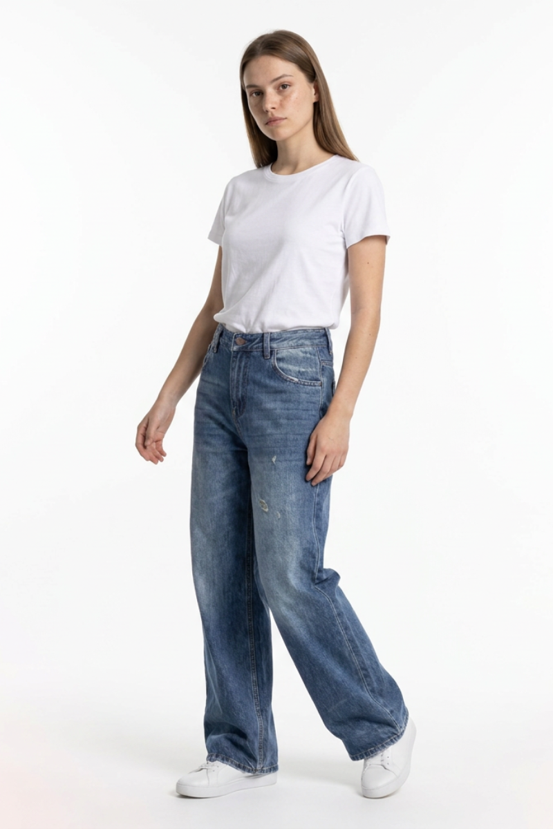 Women's 100% Cotton Distressed High Waist Wide Leg Jeans
