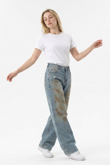 Women's Multi-Layer Dirty Wash High Waist Wide Leg Jeans