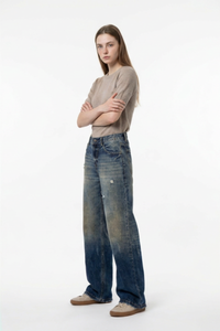 Women's Vintage Ripped High Waist Straight Leg Jeans