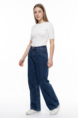 Women's Navy Blue Wash High Waist Straight Leg Jeans