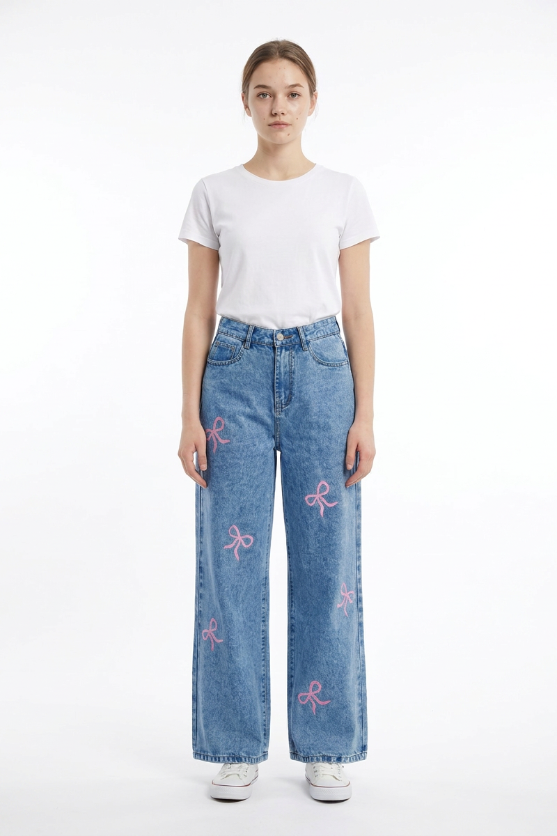 Women's High Waist Pink Bow Printed Wide Leg Jeans