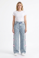 Women's High Waist Bow & Pearl Chain Detail Jeans