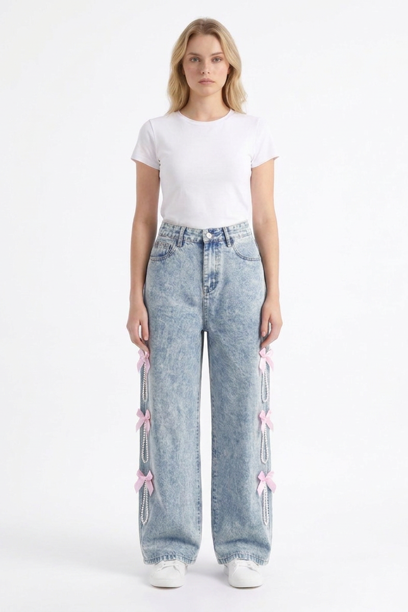 Women's High Waist Bow & Pearl Chain Detail Jeans