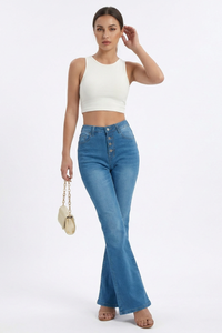 Women's Retro High-Waisted Button-Fly Flare Jeans