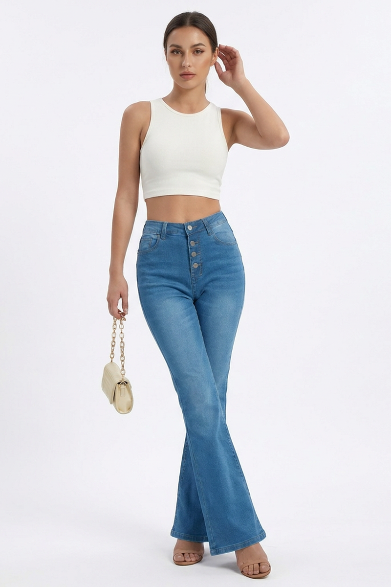 Women's Retro High-Waisted Button-Fly Flare Jeans