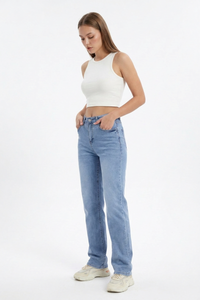 Women's Vintage Mid Waist Stretch Straight Leg Jeans