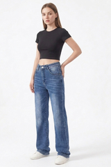 Women's Classic Blue Washed Mid Waist Straight Leg Jeans