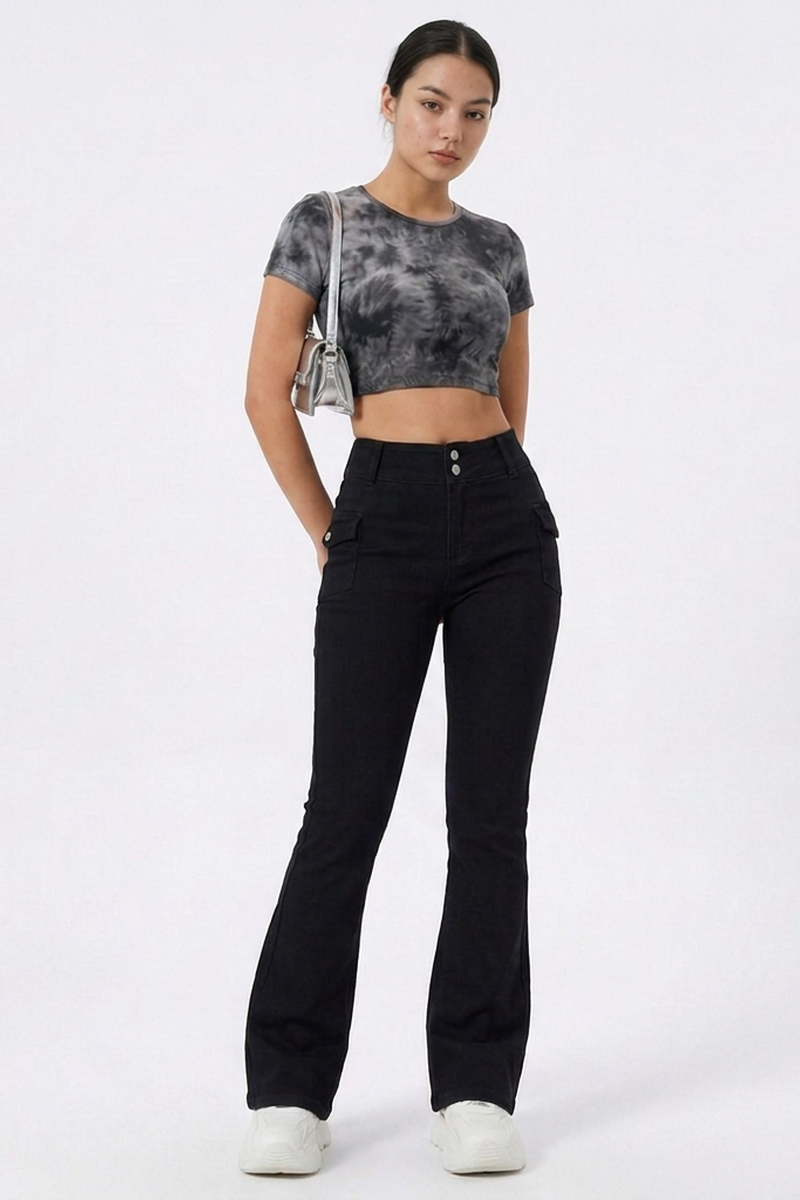 Women's Fall Black Mid Waist Slim Fit Stretch Flare Jeans