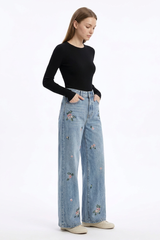 Women's Fall Vintage Embroidered Flowers Wide Leg Jeans