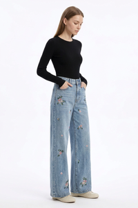 Women's Fall Vintage Embroidered Flowers Wide Leg Jeans