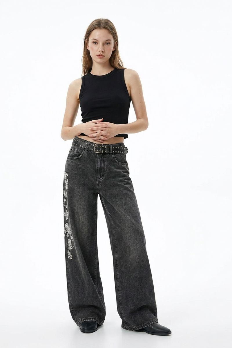 Women's Floral Embroidered Stretch Wide Leg Jeans