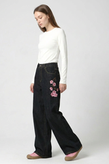 Women's Fall Side Floral Embroidered Wide Leg Jeans
