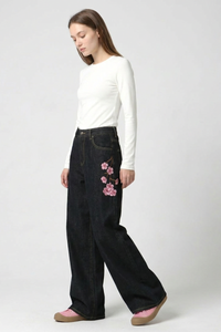 Women's Fall Side Floral Embroidered Wide Leg Jeans