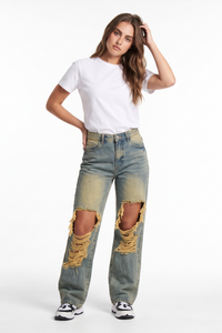 Women's Fall Distressed Ripped Knees & Frayed Wide Leg Jeans