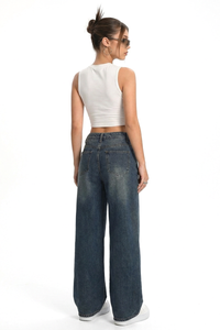 Women's Vintage Washed Mid Waist Loose Wide Leg Jeans