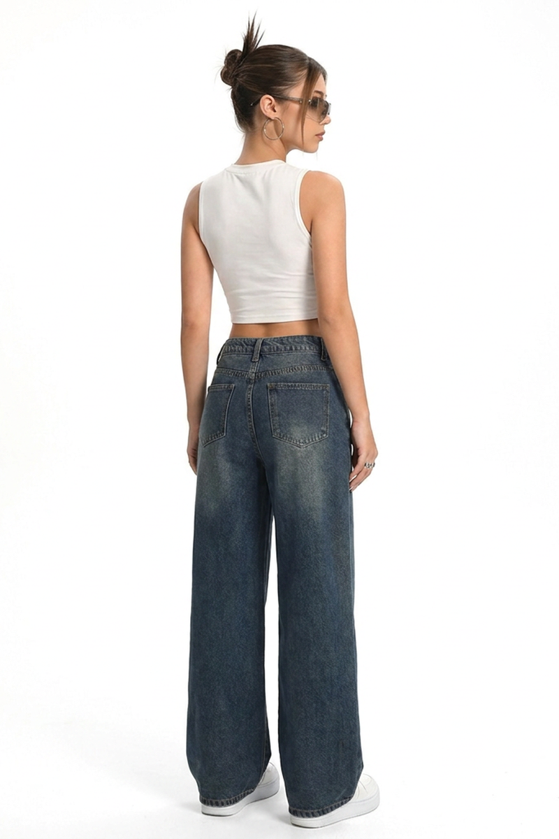 Women's Vintage Washed Mid Waist Loose Wide Leg Jeans