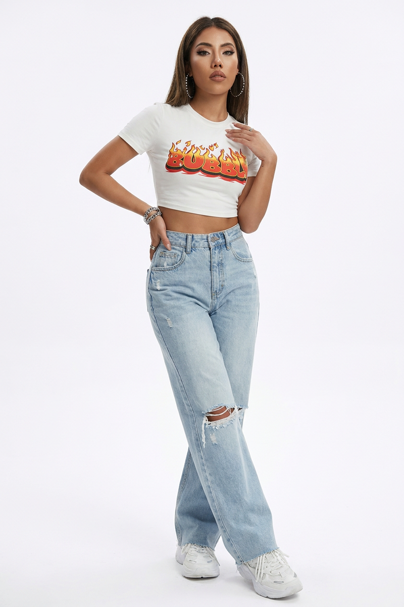 Women's High Waist Straight Leg Ripped Jeans