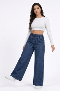 Women's  Elastic-Waist Relaxed Baggy Wide Leg Jeans