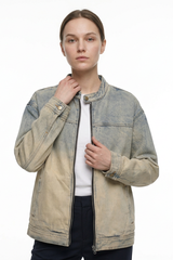 Women's Washed Stand Collar Zip-Up Vintage Denim Jacket
