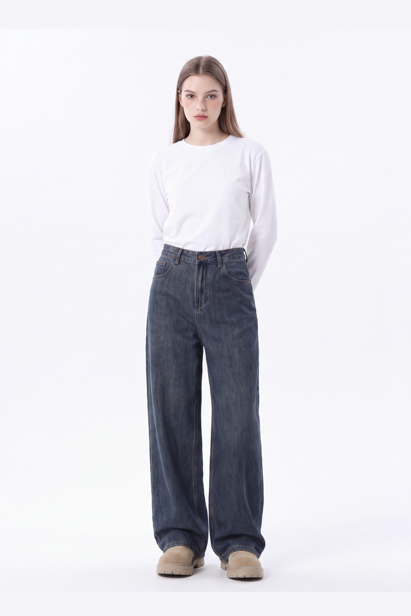 Women's 100% Cotton Vintage Relaxed-Fit Wide Leg Jeans