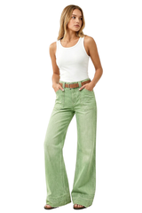 Women's Green Vintage Wash High-Waisted Wide-Leg Jeans