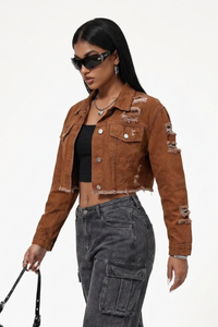 Women's Streetwear Distressed Raw Edge Cropped Denim Jacket