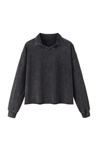 Unisex Fall 100% Cotton Washed Boxy V-Neck Polo Sweatshirt