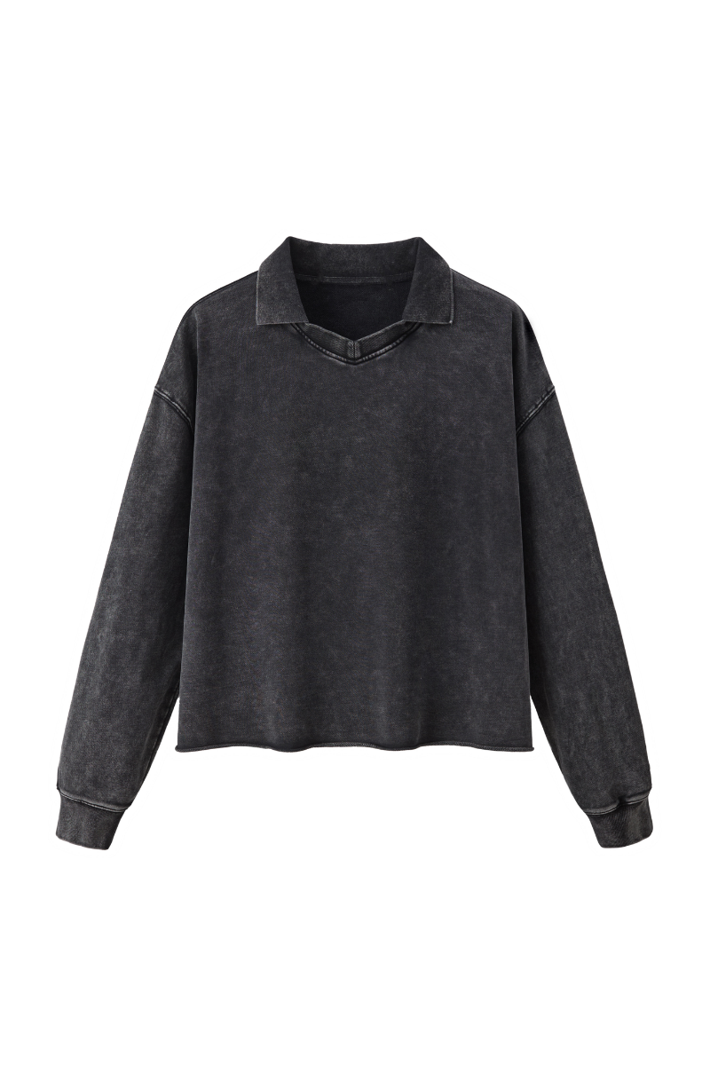 Unisex Fall 100% Cotton Washed Boxy V-Neck Polo Sweatshirt