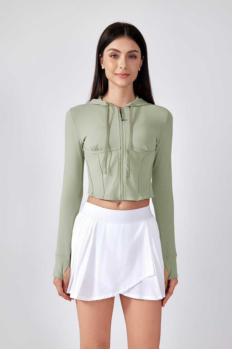 Women Hooded Drawstring Short Slim Outdoor Sports Fitness Yoga Jacket