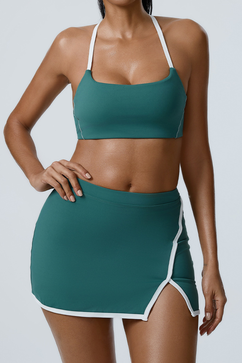 Women's Color-Block Sports Bra & Slit Mini Skirt Set