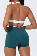 Women's Color-Block Halter Sports Bra & Cross-Waist Shorts Set