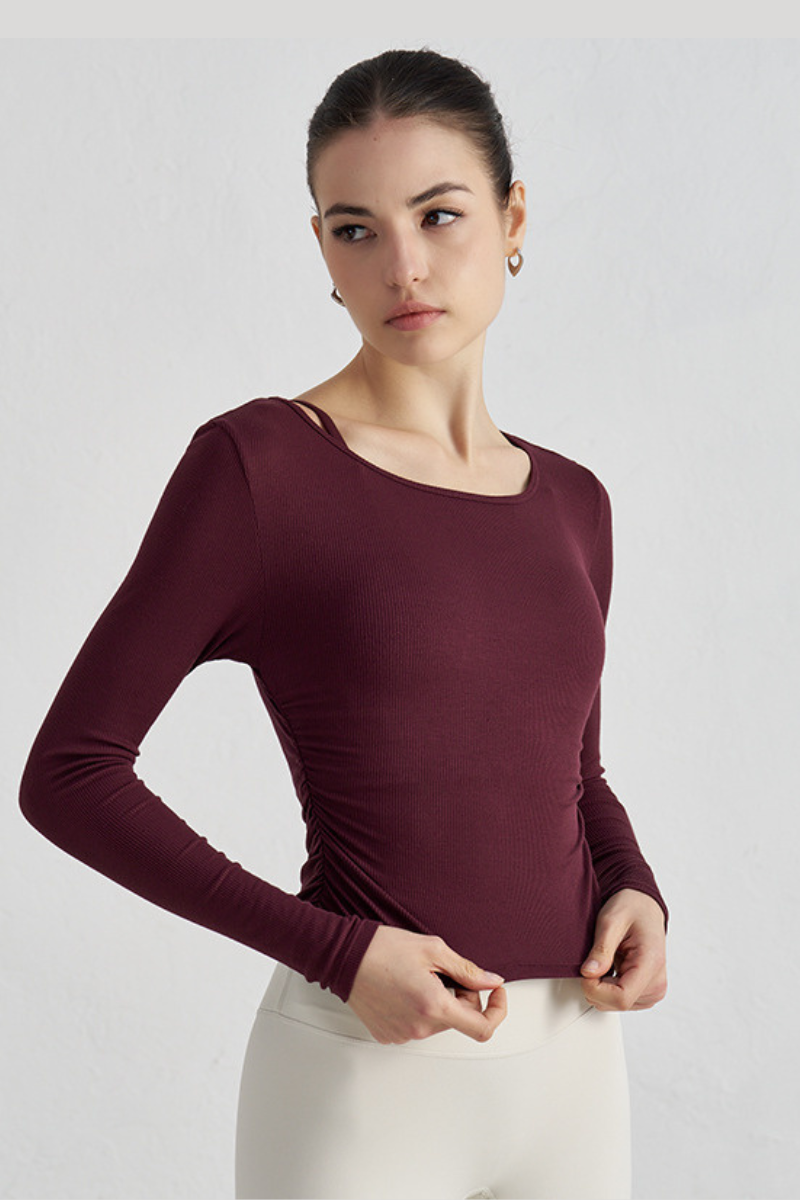 Women's Pleated Slim Fit Crew Neck Long Sleeves Sports Top