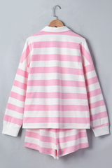 Women's Pink White Striped Half Zip Sweatshirt & Short Sets