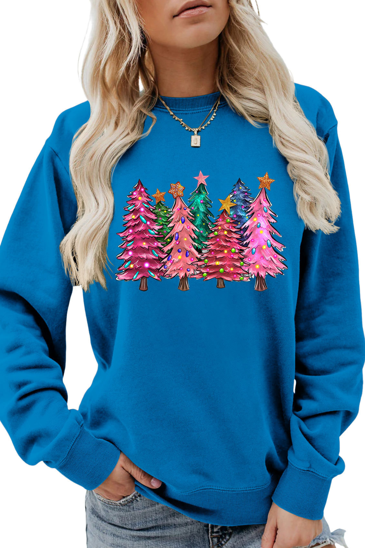 Women's Christmas Colorful Tree Print Crew Neck Sweatshirt