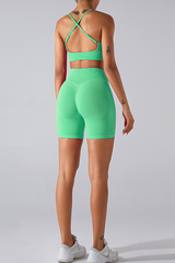 Women's Cross Back Bra And Pleated Buttocks Lift Shorts