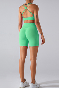 Women's Cross Back Bra And Pleated Buttocks Lift Shorts