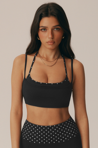 Women's Polka Dot Contrast Layered-Look Halter Yoga Bra