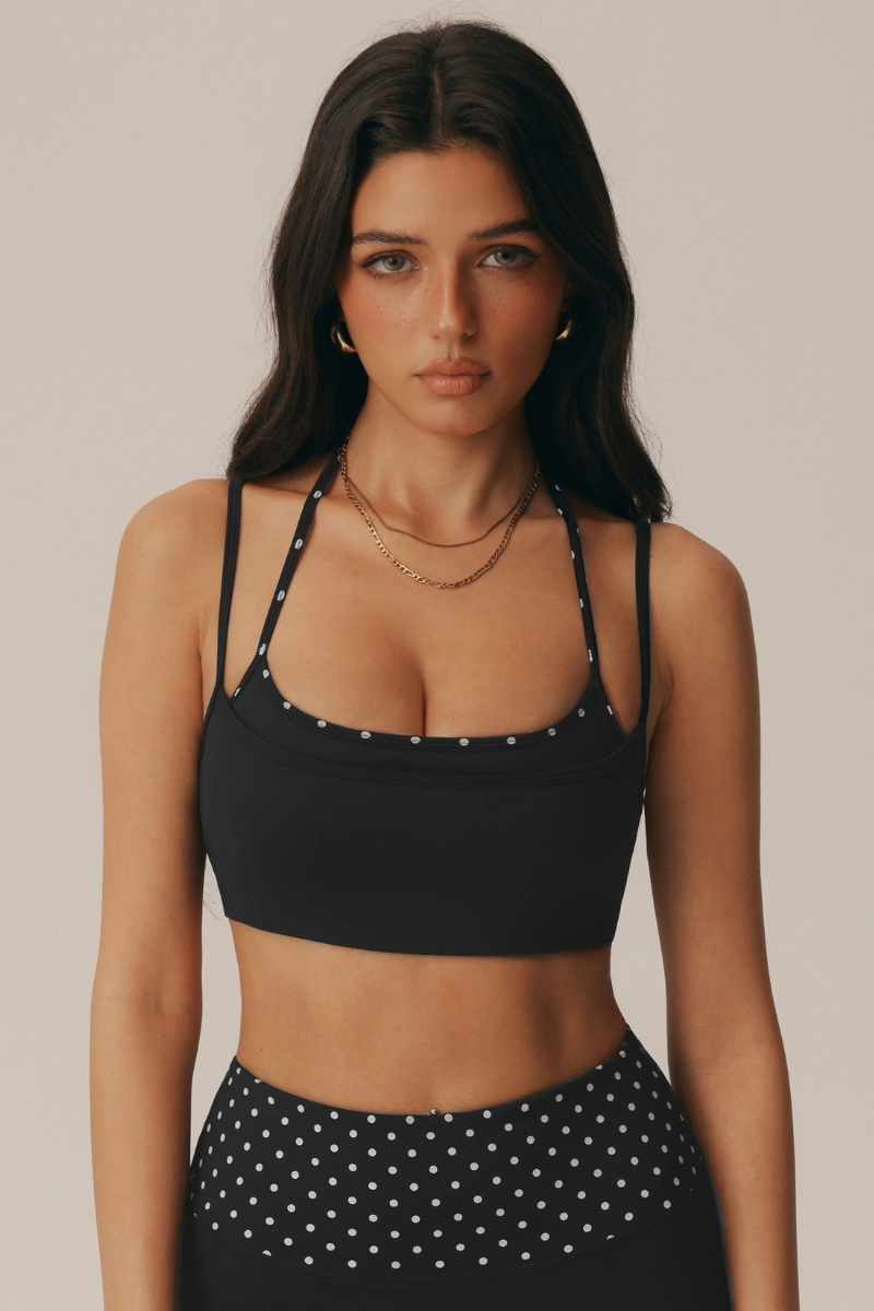Women's Polka Dot Contrast Layered-Look Halter Yoga Bra