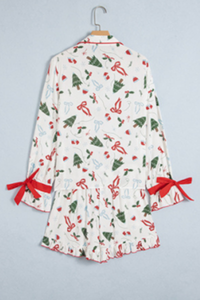 Women Christmas Long Sleeved Lapel Bow  Pajama Set