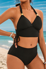 Women's Halter V-Neck Side Tie High Waisted Bikini Set