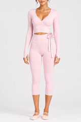 Women's Side Wrap Tie Long Sleeve Top And Capri Yoga Set