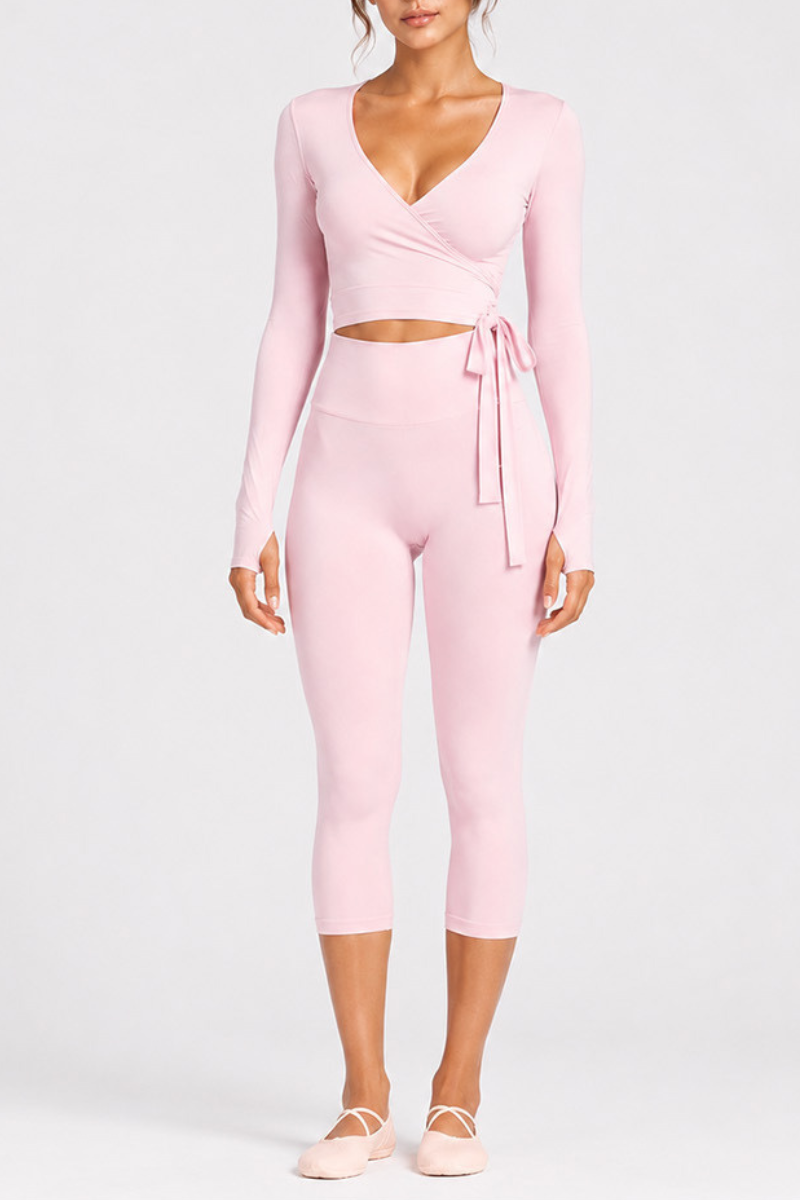 Women's Side Wrap Tie Long Sleeve Top And Capri Yoga Set