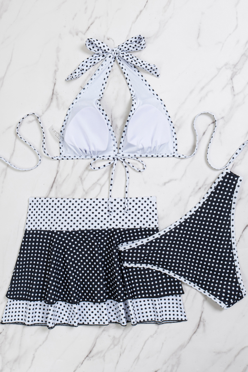 Women's Polka Dot Halter Triangle Ruffle Skirted Bikini Sets