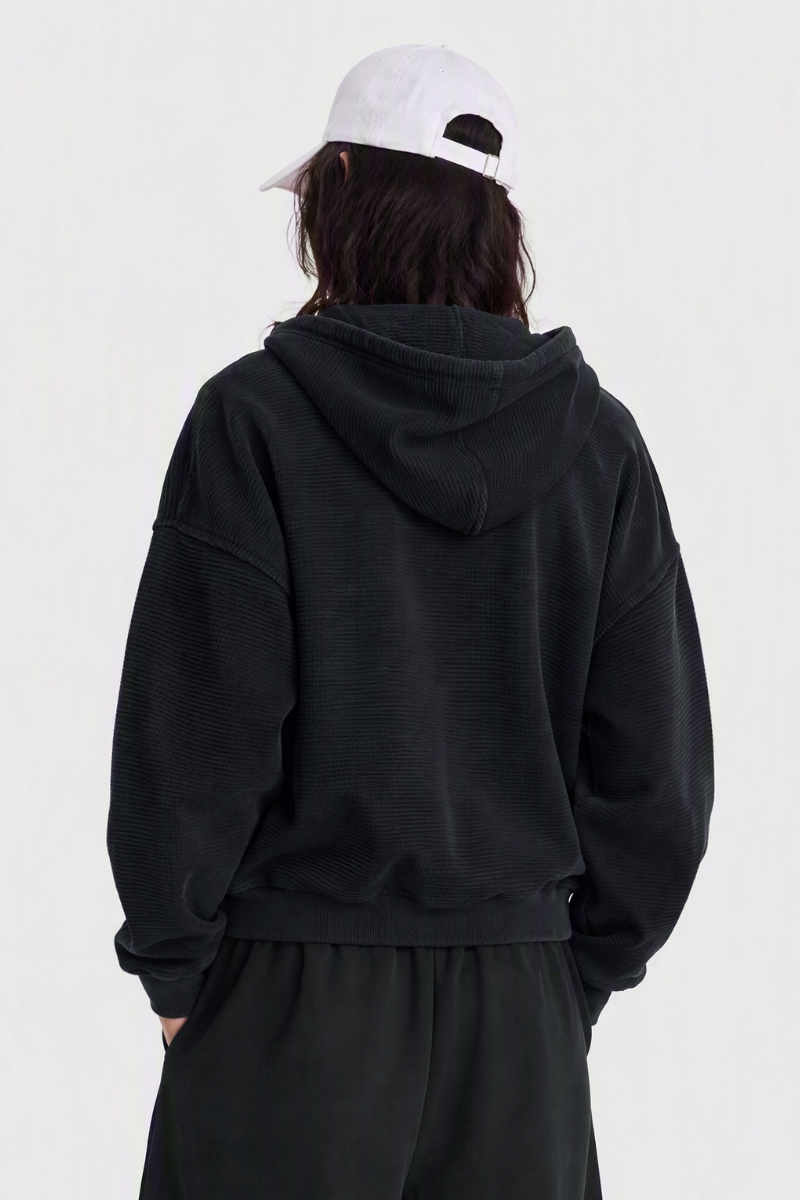 Women's Fall Vintage Washed Waffle Full Zip Up Hooded Jacket