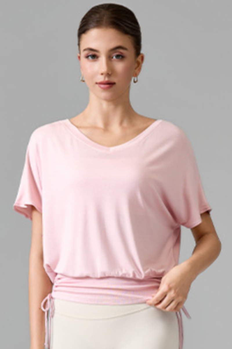 Women's V Neck Batwing Sleeve Side Drawstring Loose Fit Top