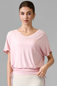 Women's V Neck Batwing Sleeve Side Drawstring Loose Fit Top