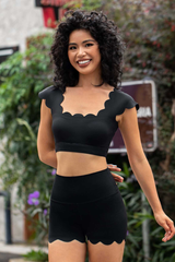 Women's Scalloped Cropped Top And High Rise Short 2Piece Set