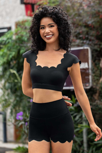 Women's Scalloped Cropped Top And High Rise Short 2Piece Set